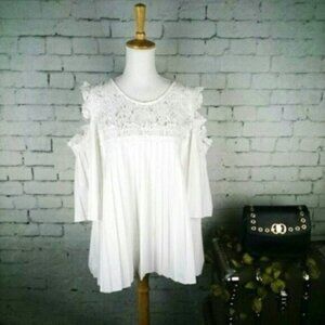 Juliette Pleated Cold-shoulder Blouse With Lace White Sizes Medium And Large